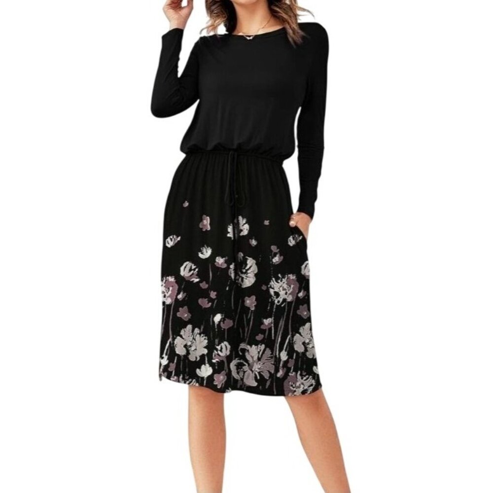 Black Floral Womens Midi Dress With Drawstring Waist Size Med Career Dinner